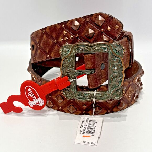 NWT $74 Justin Rough Diamond Studded Western Belt Brown Leather Women’s Size 30 - Picture 1 of 11